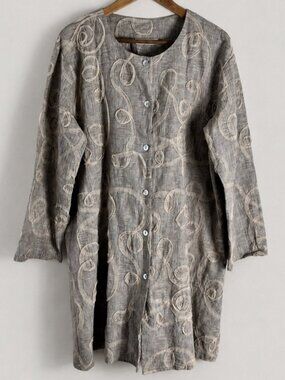 BRYN WALKER Grey Size S Lagenlook Linen Mesh Swirl Design Button Tunic Jacket